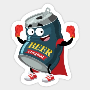 Superhero cartoon beer in an aluminum can mascot Sticker